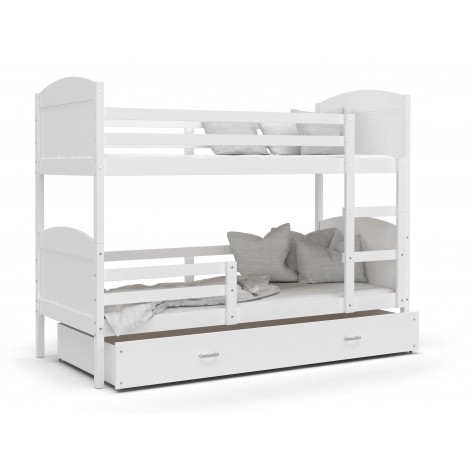 Lit Superposé Mateo 90x190. Blanc - Blanc Livré Avec Sommier, Tiroir Et Matelas De 7cm Offert