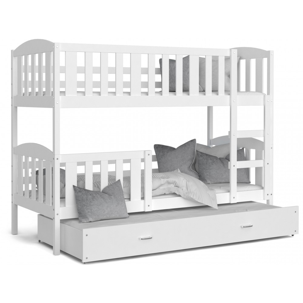 Lit Superposé 3 Places Teo 90×190 Blanc - Blanc Livré Avec Sommier, Tiroir Et Matelas De 7cm Offert