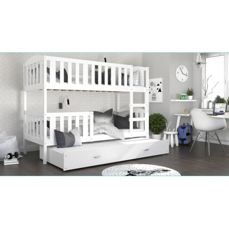 Lit Superposé 3 Places Teo 90×190 Blanc - Blanc Livré Avec Sommier, Tiroir Et Matelas De 7cm Offert