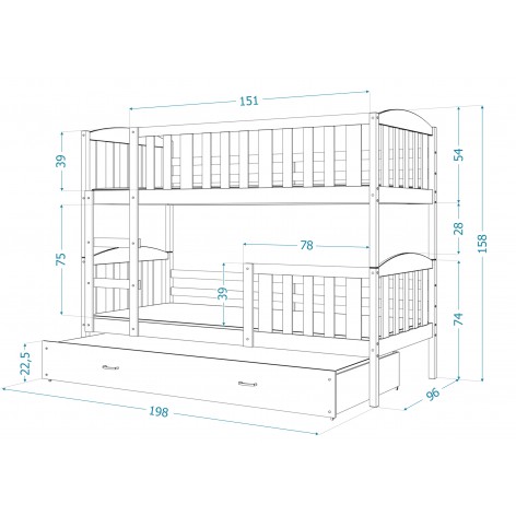 Lit Superposé 3 Places Teo 90×190 Blanc - Vert Livré Avec Sommier, Tiroir Et Matelas De 7cm Offert