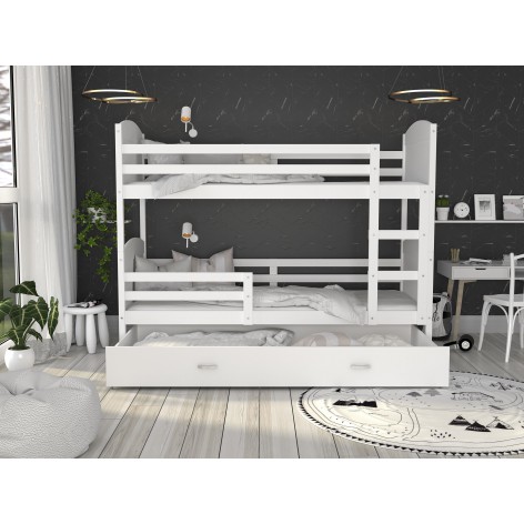 Lit Superposé Mateo 80x160. Blanc - Blanc Livré Avec Sommier, Tiroir Et Matelas De 7cm Offert