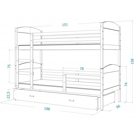 Lit Superposé Mateo 90x190. Blanc - Blanc Livré Avec Sommier, Tiroir Et Matelas De 7cm Offert