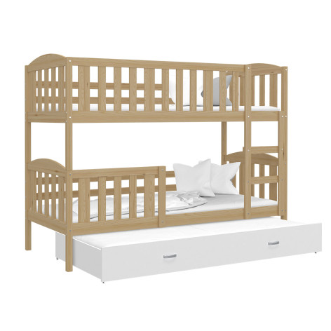 Lit Superposé 3 Places Teo 90×190 Blanc - Blanc Livré Avec Sommier, Tiroir Et Matelas De 7cm Offert